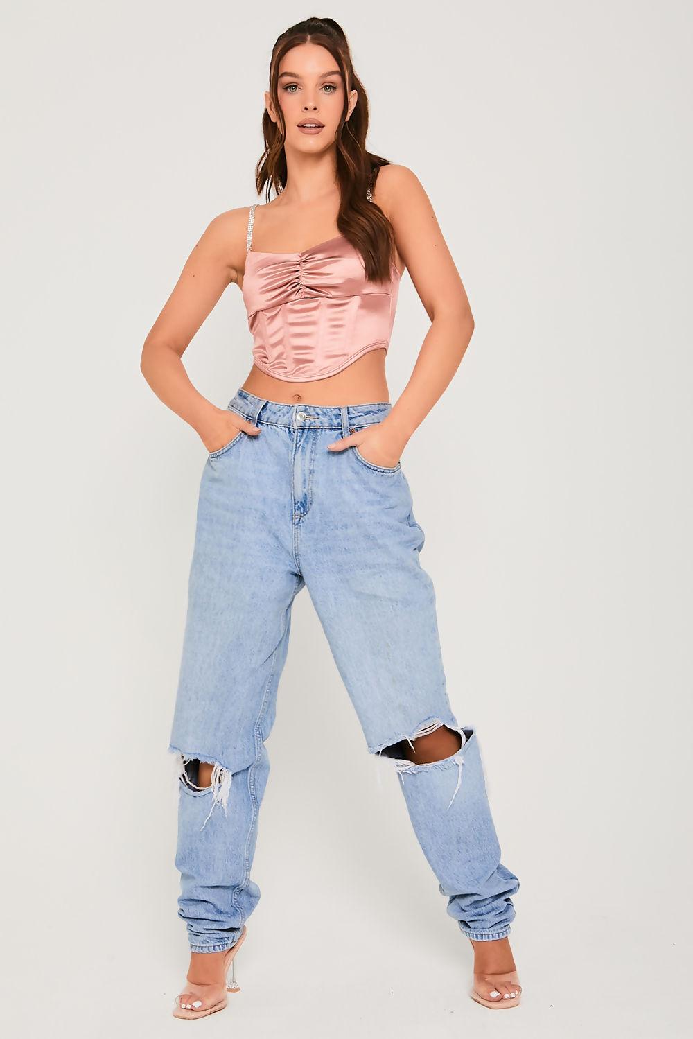 saint genies Neala Rose Stretch Satin Diamante Strap Corset Top