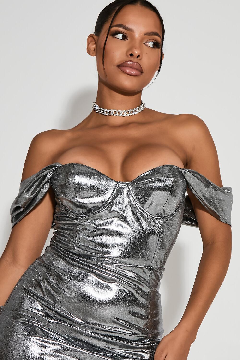 Saint Genies Nelly Silver Metallic Bardot Bodycon Mini Dress