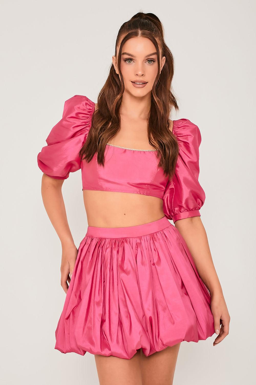 Saint Genies Nicola Hot Pink High Waisted A Line Puff Mini Skirt