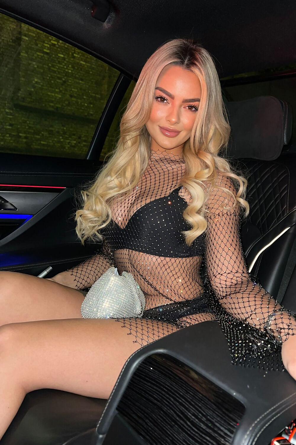 Saint Genies Novie Black Fishnet Rhinestone Mini Dress