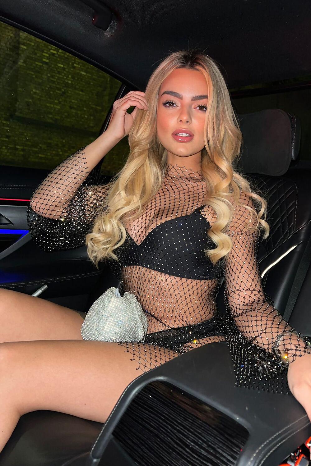 Saint Genies Novie Black Fishnet Rhinestone Mini Dress