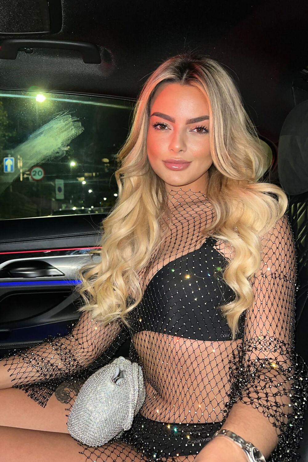 saint genies Novie Black Fishnet Rhinestone Mini Dress