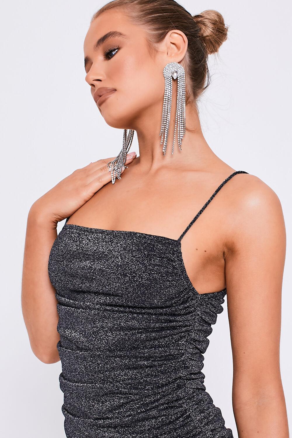 Saint Genies Nur Black Square Neck Ruched Glitter Mini Dress