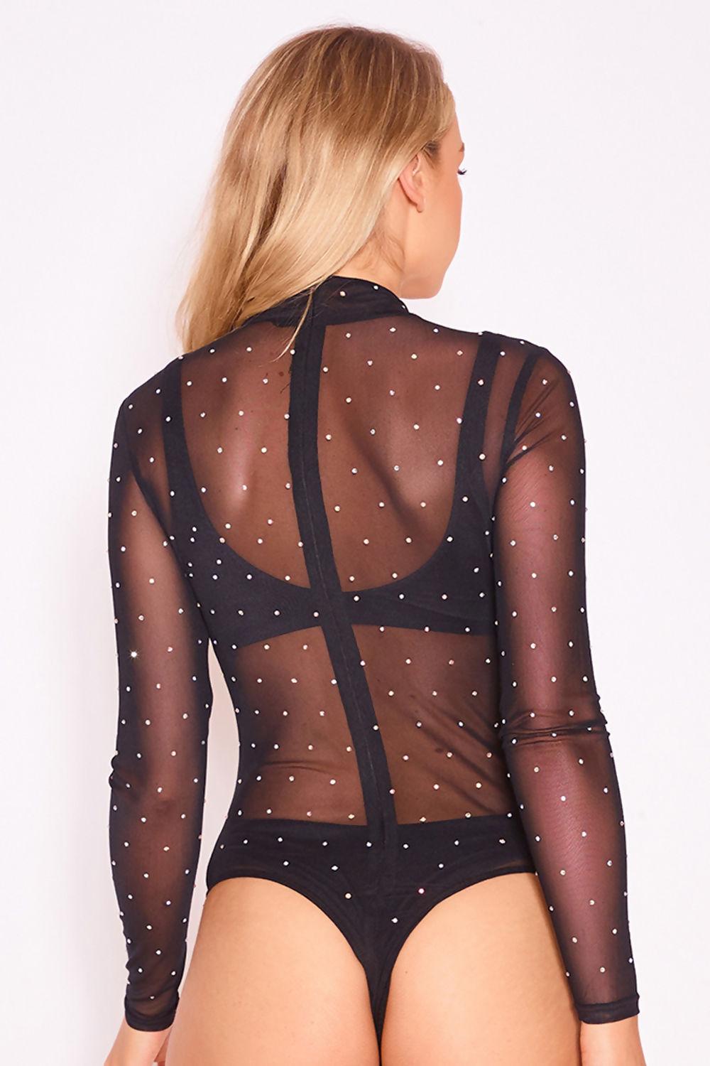 Saint Genies Olivia Black Diamante Mesh High Neck Thong Bodysuit