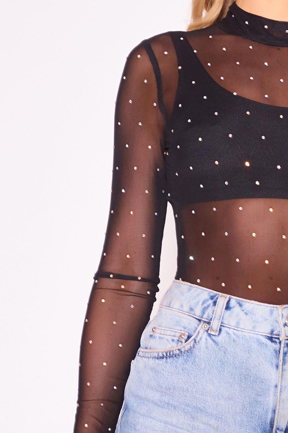 Saint Genies Olivia Black Diamante Mesh High Neck Thong Bodysuit