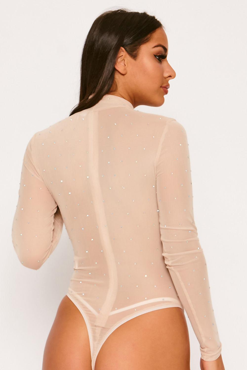 Saint Genies Olivia Nude Diamante Mesh High Neck Thong Bodysuit