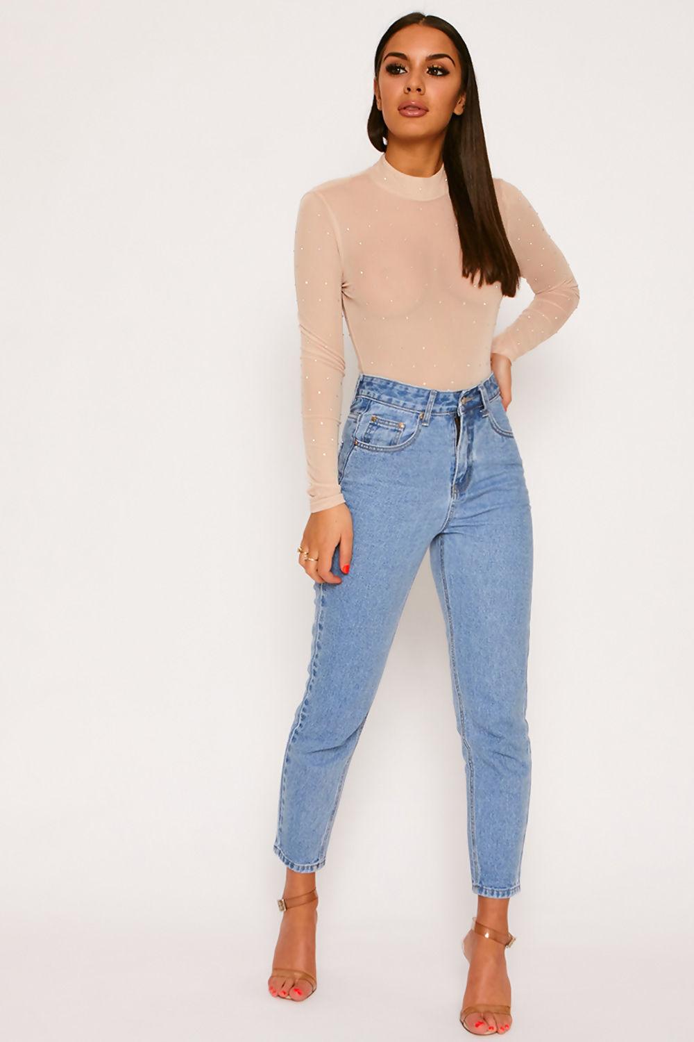 saint genies Olivia Nude Diamante Mesh High Neck Thong Bodysuit