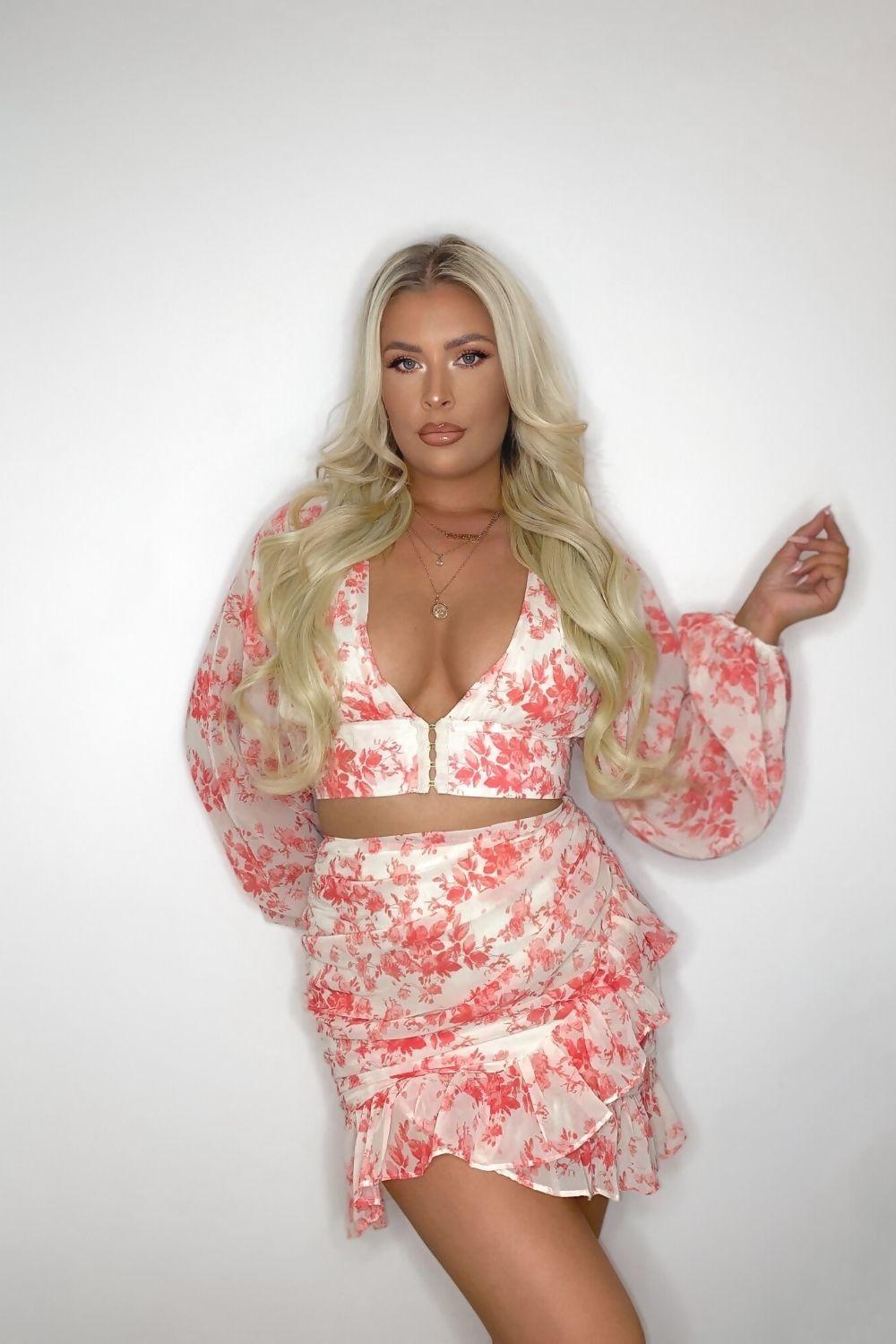 saint genies Oriano Cream Floral Print Ruffle Chiffon Mini Skirt