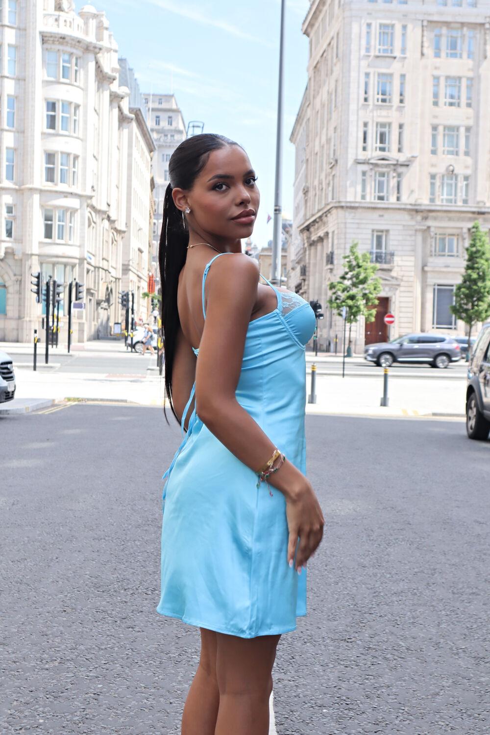 Saint Genies Ottilie Blue Satin Lace Cup Slip Dress