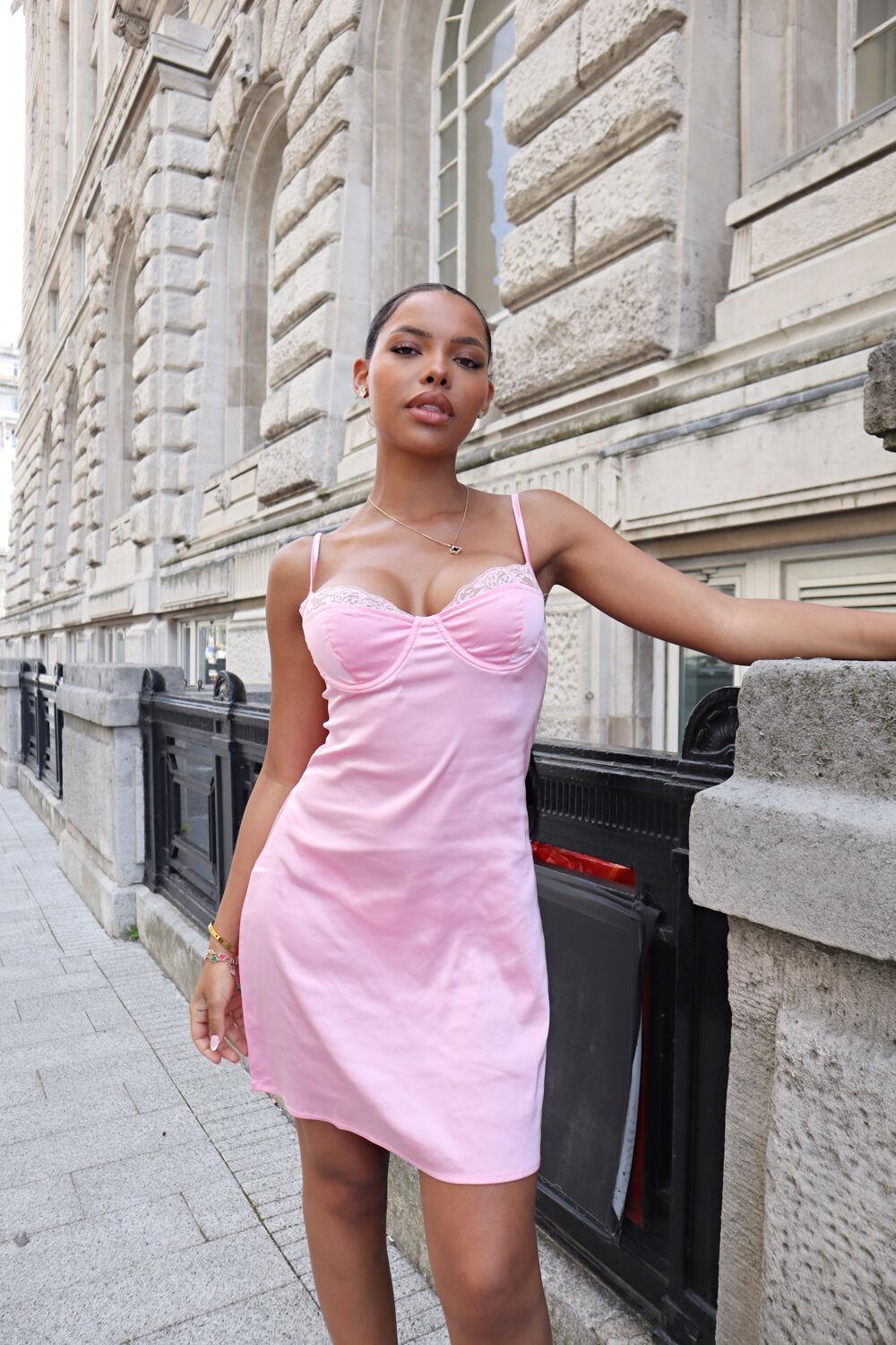 saint genies Ottilie Pink Satin Lace Cup Slip Dress