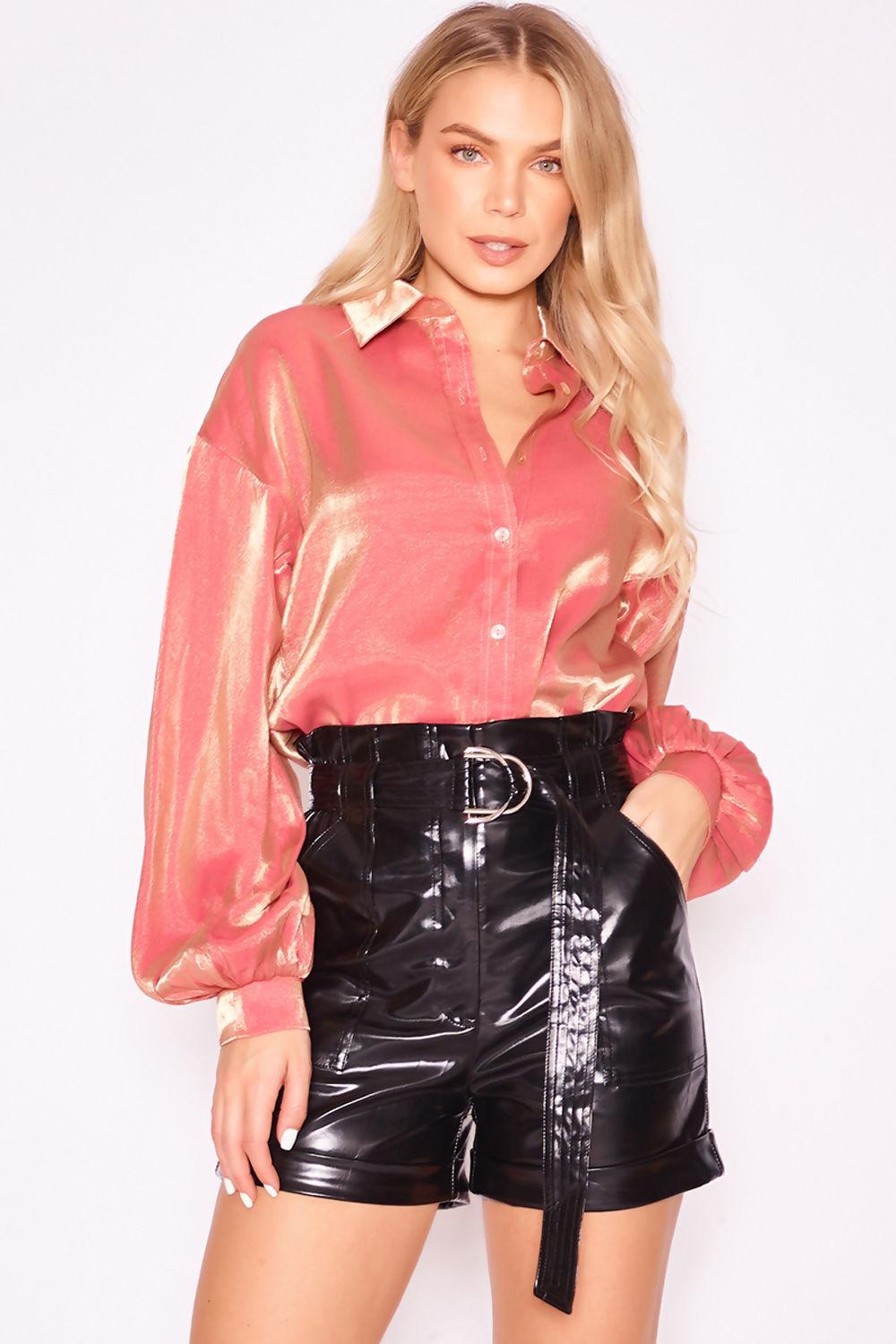 Saint Genies Paris Coral Two Tone Metallic Balloon Sleeve Oversized Shirt