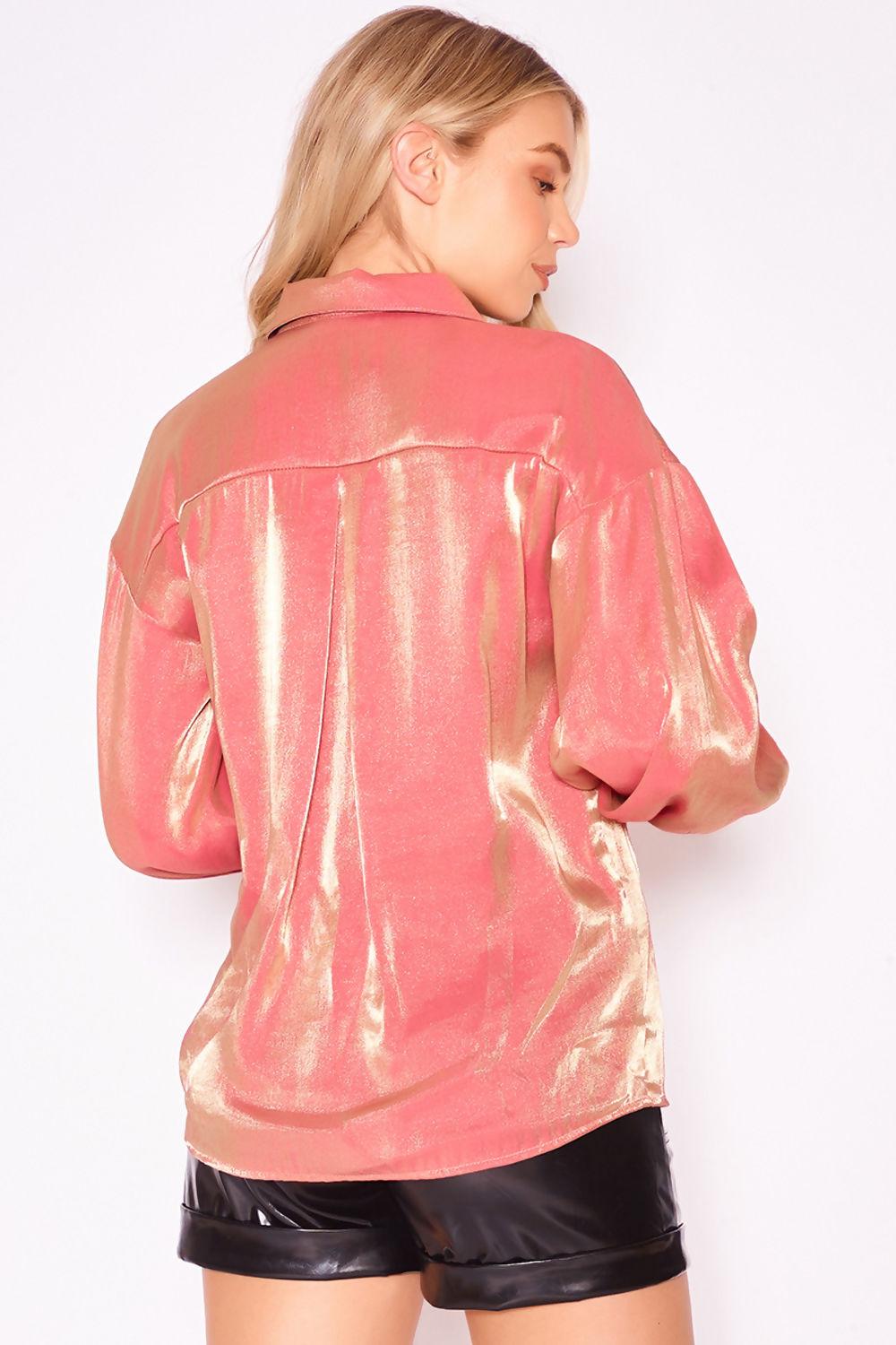 Saint Genies Paris Coral Two Tone Metallic Balloon Sleeve Oversized Shirt