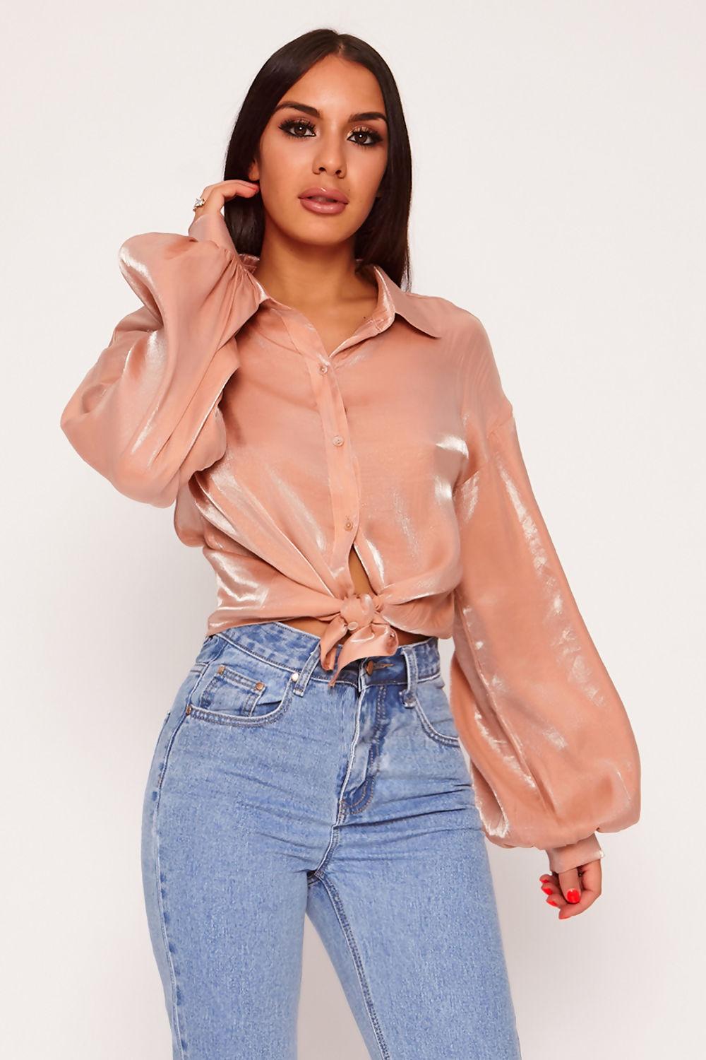 Saint Genies Paris Nude Two Tone Metallic Balloon Sleeve Oversized Shirt