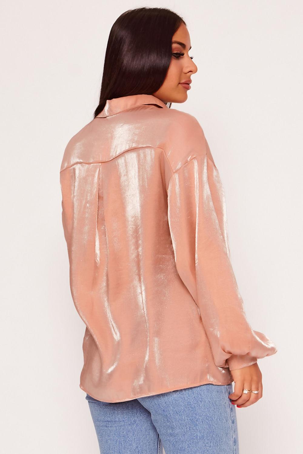 Saint Genies Paris Nude Two Tone Metallic Balloon Sleeve Oversized Shirt