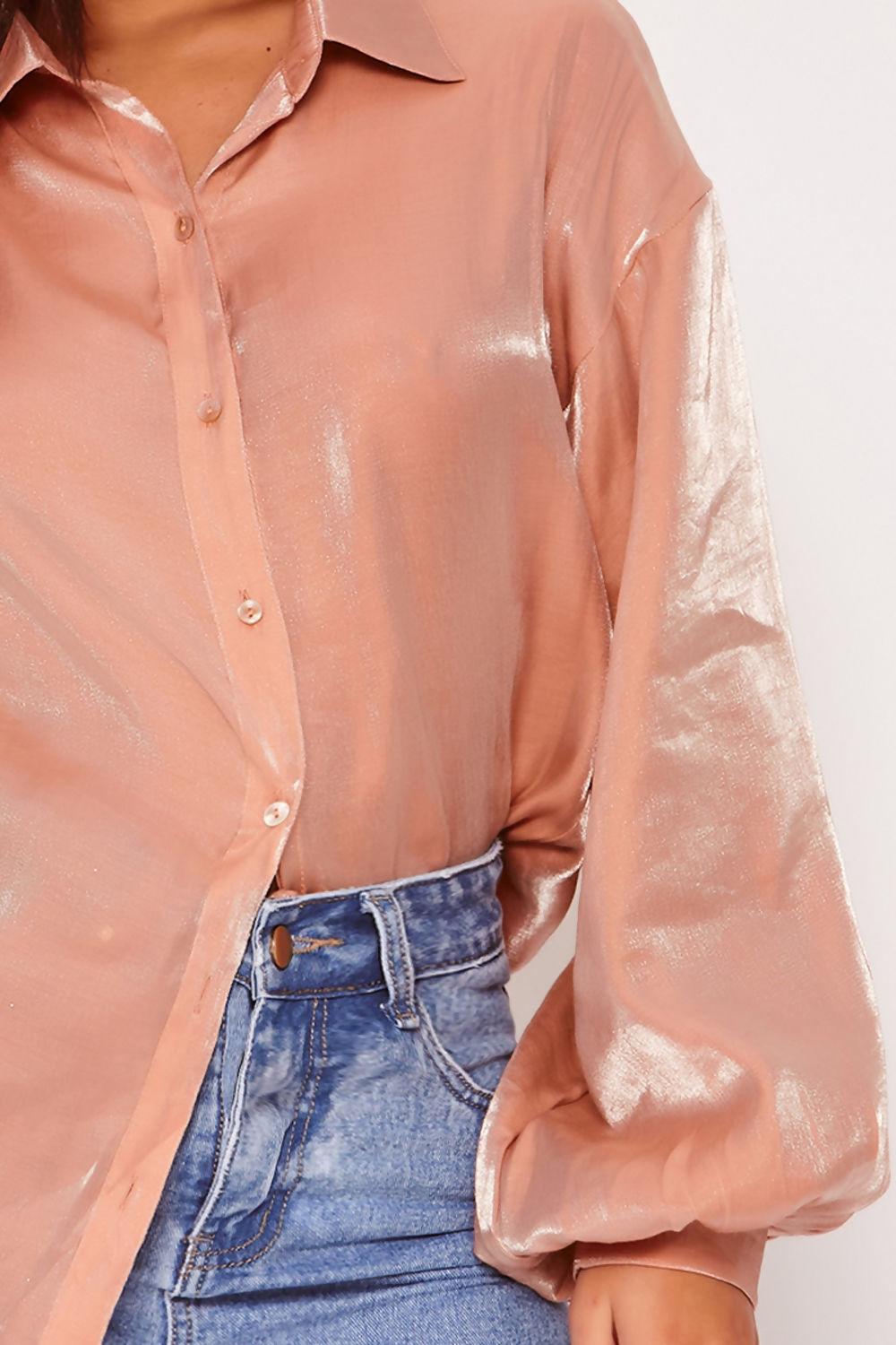 Saint Genies Paris Nude Two Tone Metallic Balloon Sleeve Oversized Shirt