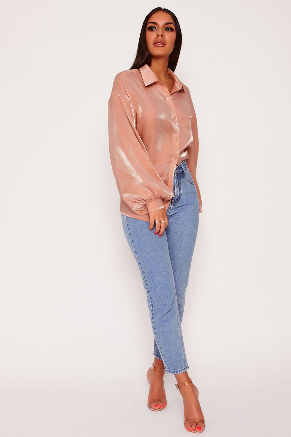 saint genies Paris Nude Two Tone Metallic Balloon Sleeve Oversized Shirt