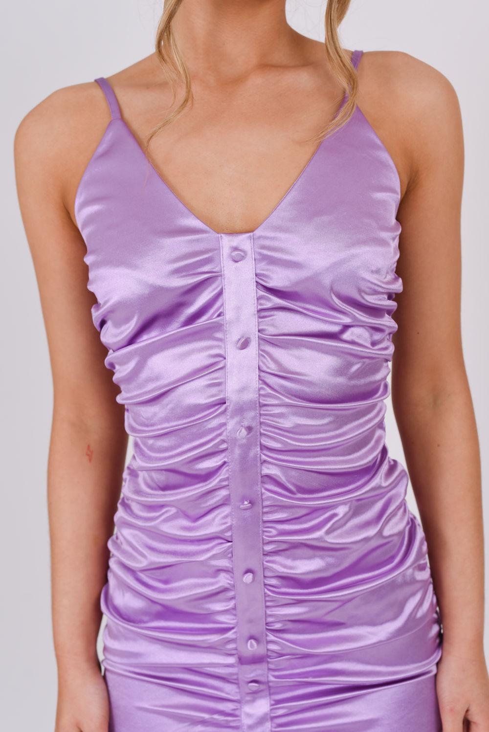 Saint Genies Peggy Lilac Button Detail Ruched Satin Dress