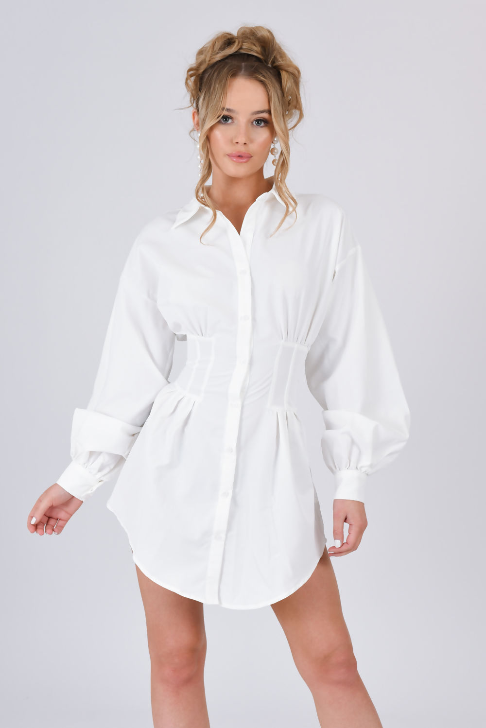 Saint Genies Penelope White Waist Detail Button Front Shirt Dress