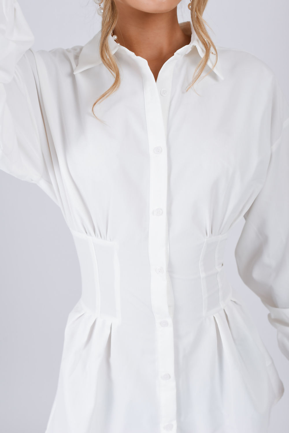 Saint Genies Penelope White Waist Detail Button Front Shirt Dress
