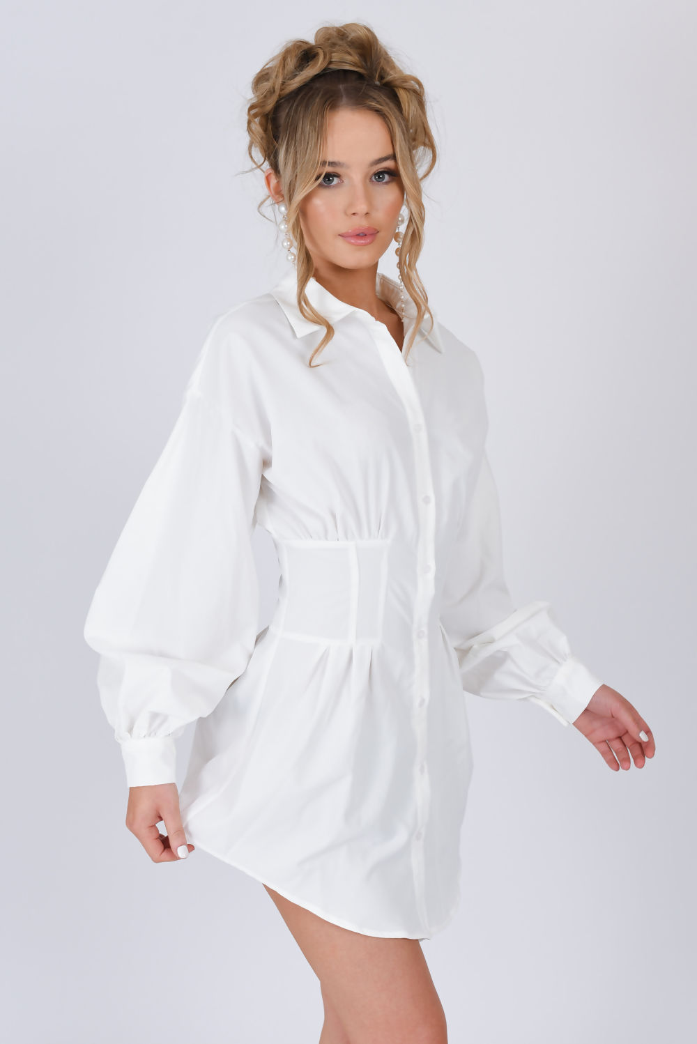 Saint Genies Penelope White Waist Detail Button Front Shirt Dress