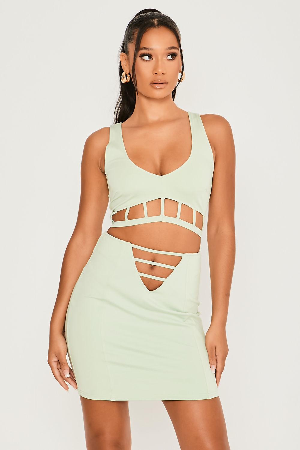 Saint Genies Phoebe Sage Plunge Neck Cut Out Detailed Crop Top