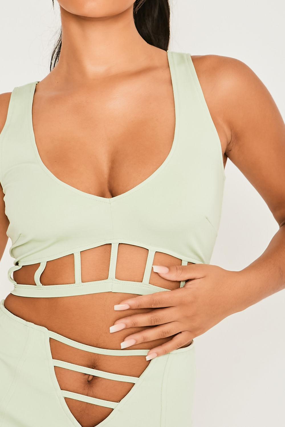 Saint Genies Phoebe Sage Plunge Neck Cut Out Detailed Crop Top