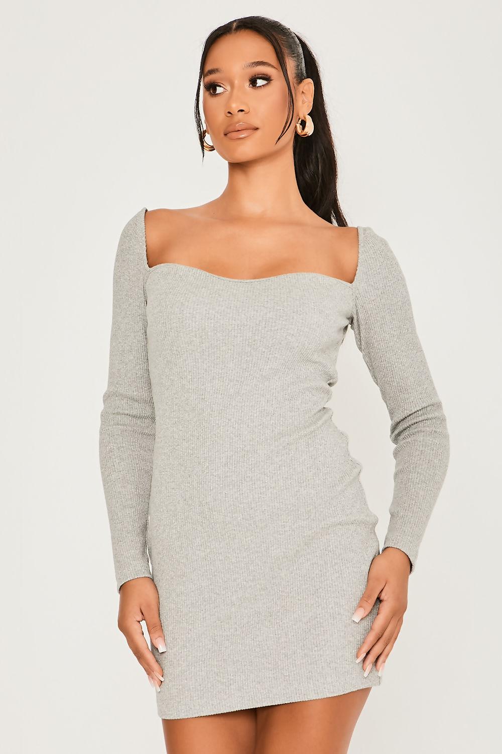 Saint Genies Poppy Grey Rib Long Sleeve Bodycon Mini Dress