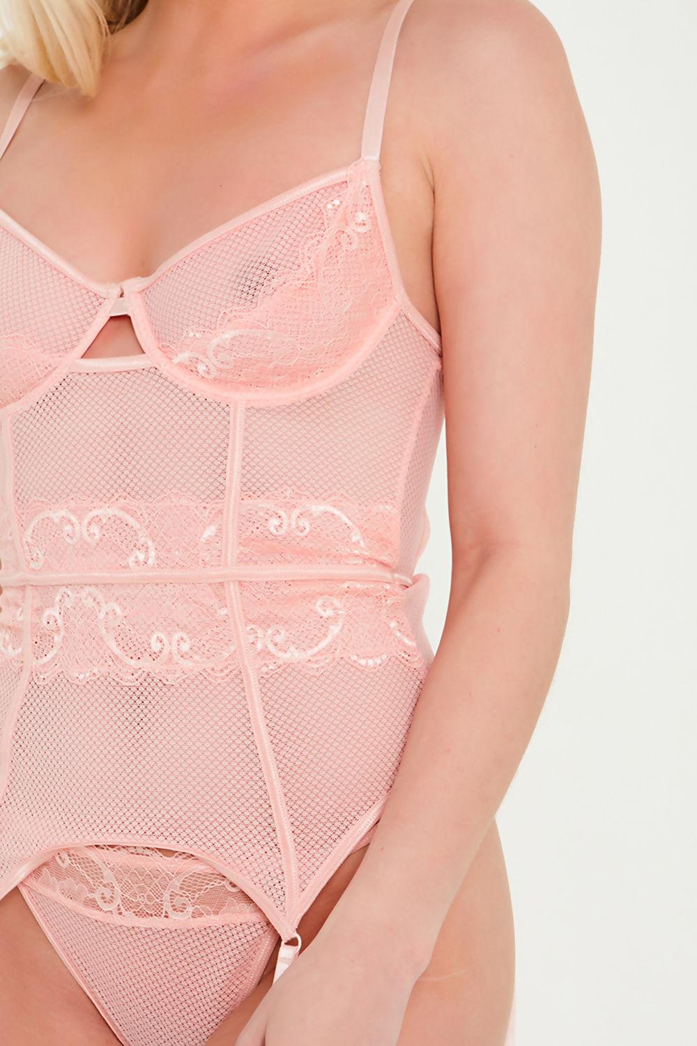 Saint Genies Priscilla Blush Scallop Lace Mesh Basque & Thong Lingerie Set