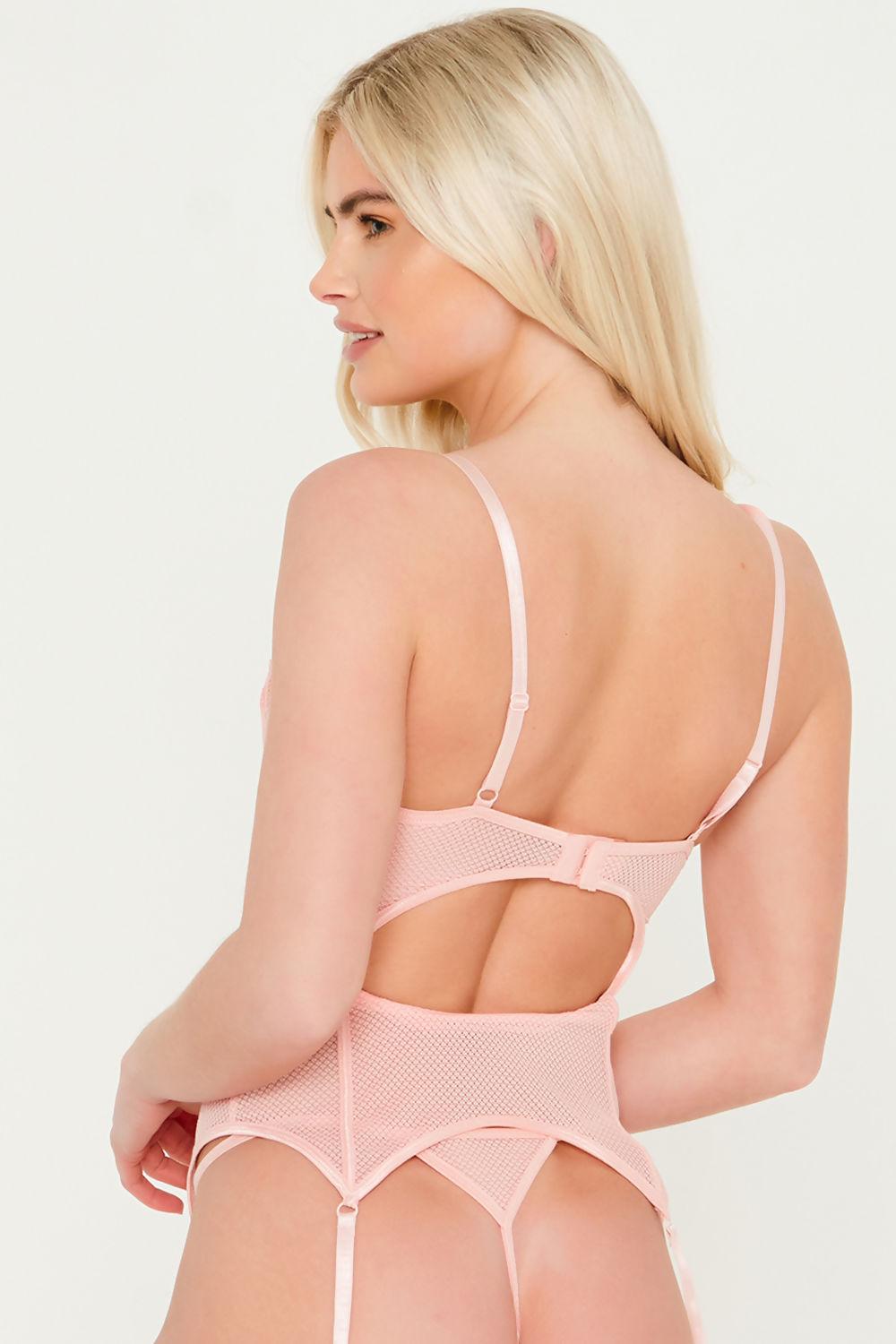 Saint Genies Priscilla Blush Scallop Lace Mesh Basque & Thong Lingerie Set