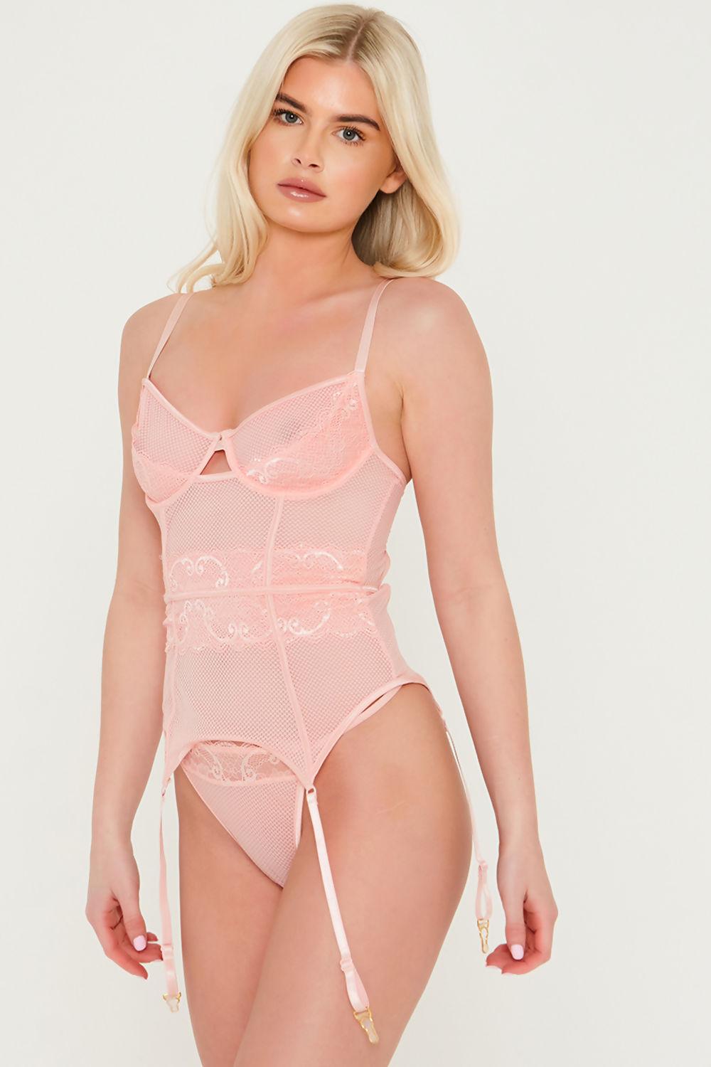 saint genies Priscilla Blush Scallop Lace Mesh Basque & Thong Lingerie Set
