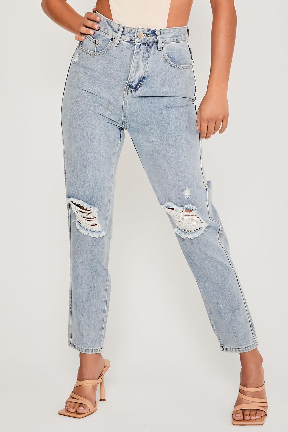 saint genies Quinn Light Wash High Waist Distressed Mom Jeans