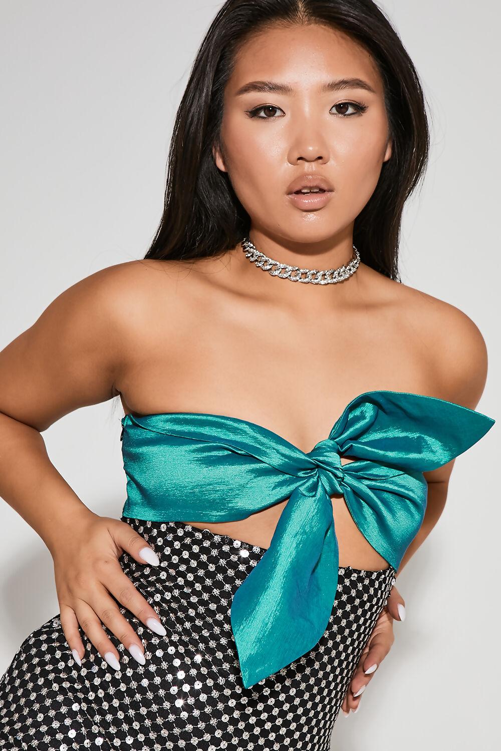 Saint Genies Raven Silver Knot Front Sequin Strapless Mini Dress