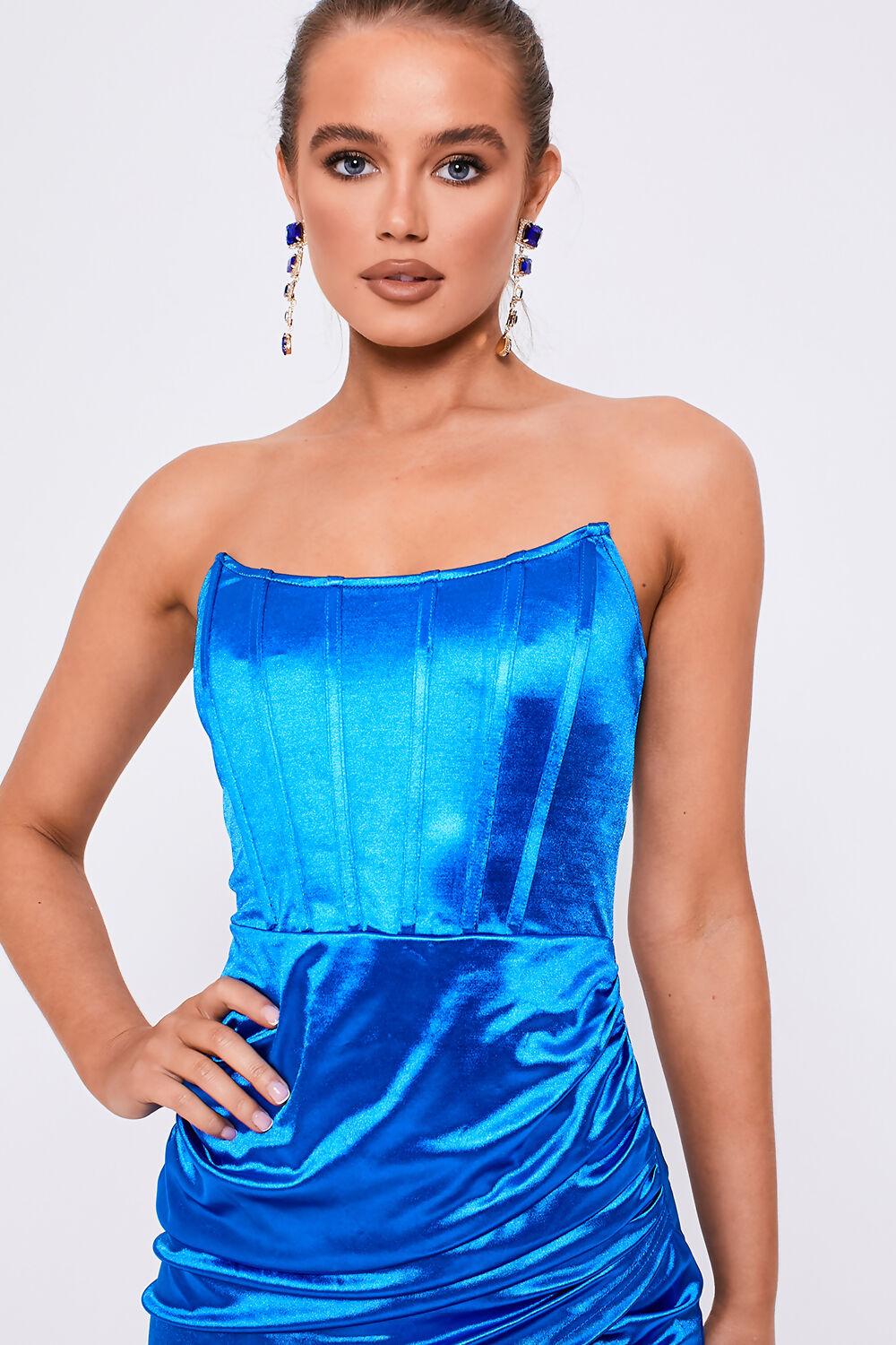 Saint Genies Regina Cobalt Satin Corset Detail Wrap Front Mini Dress