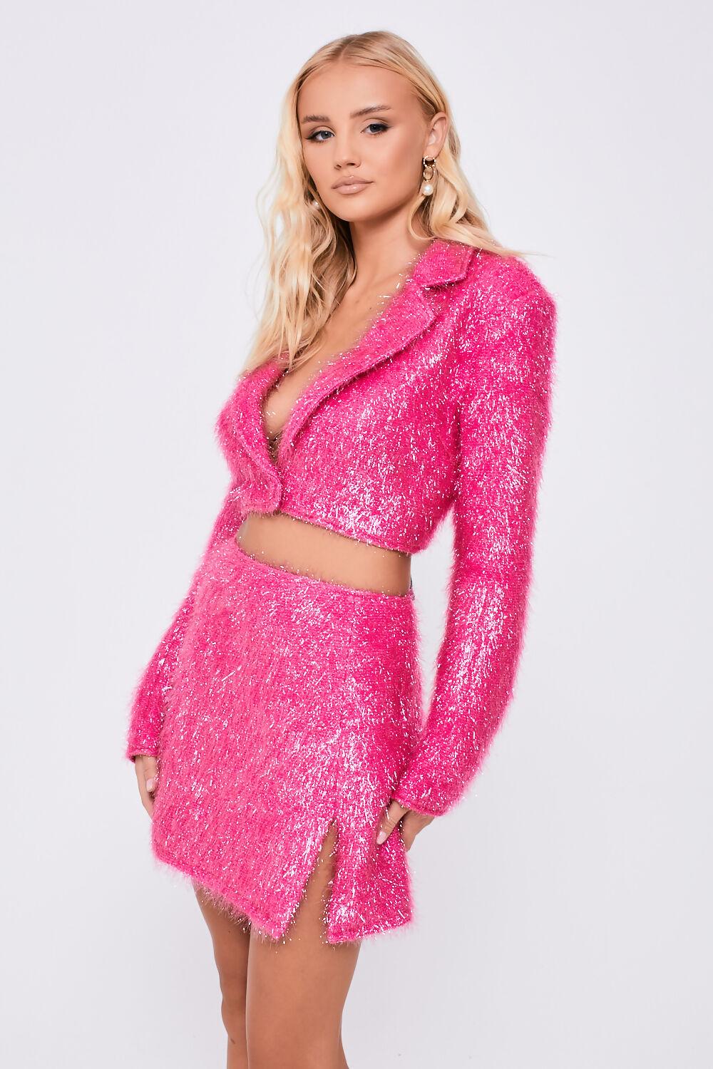 Saint Genies Riri Pink Tinsel Mini Skirt With Split