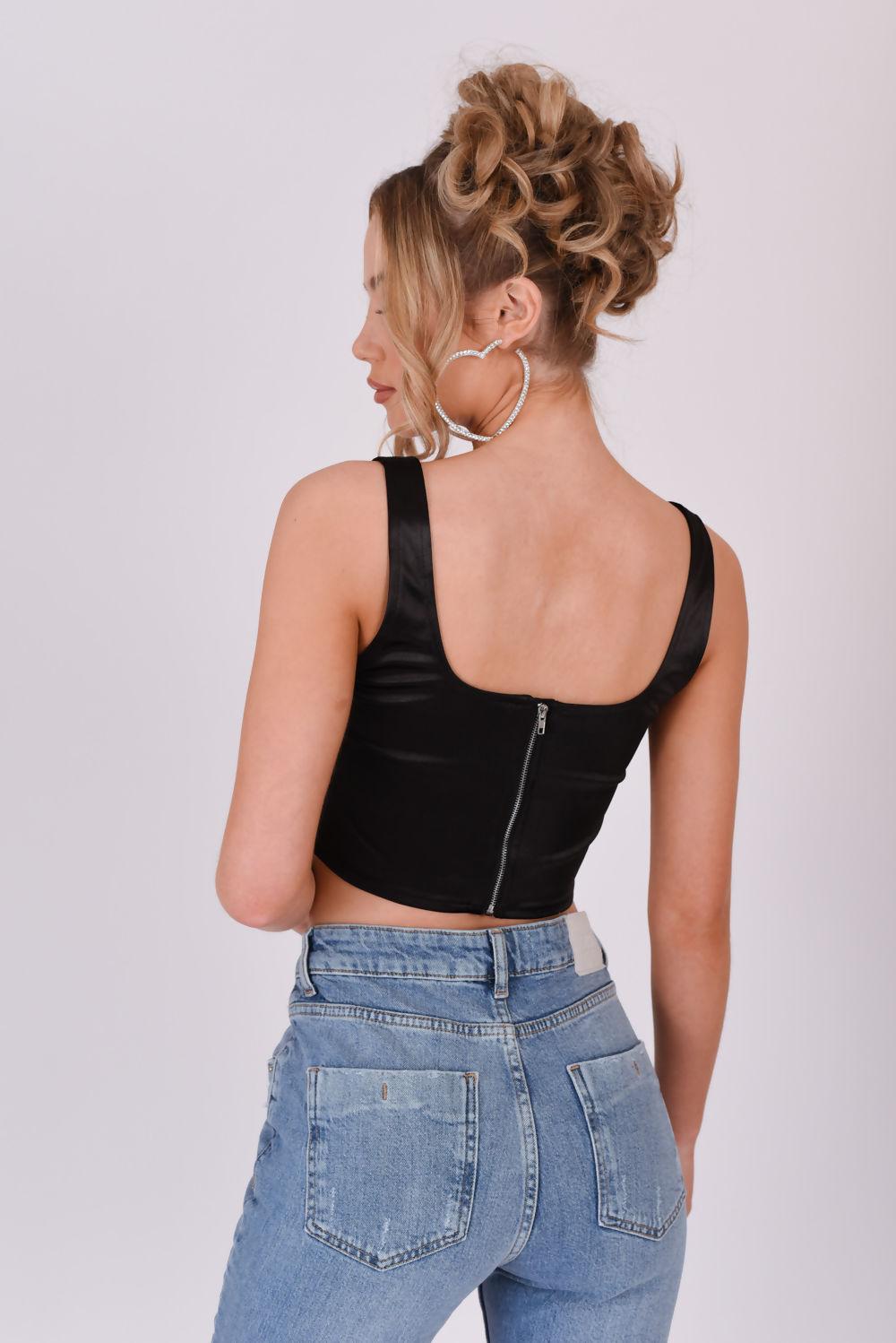 Saint Genies Robyn Black Satin Square Neckline Crop Top