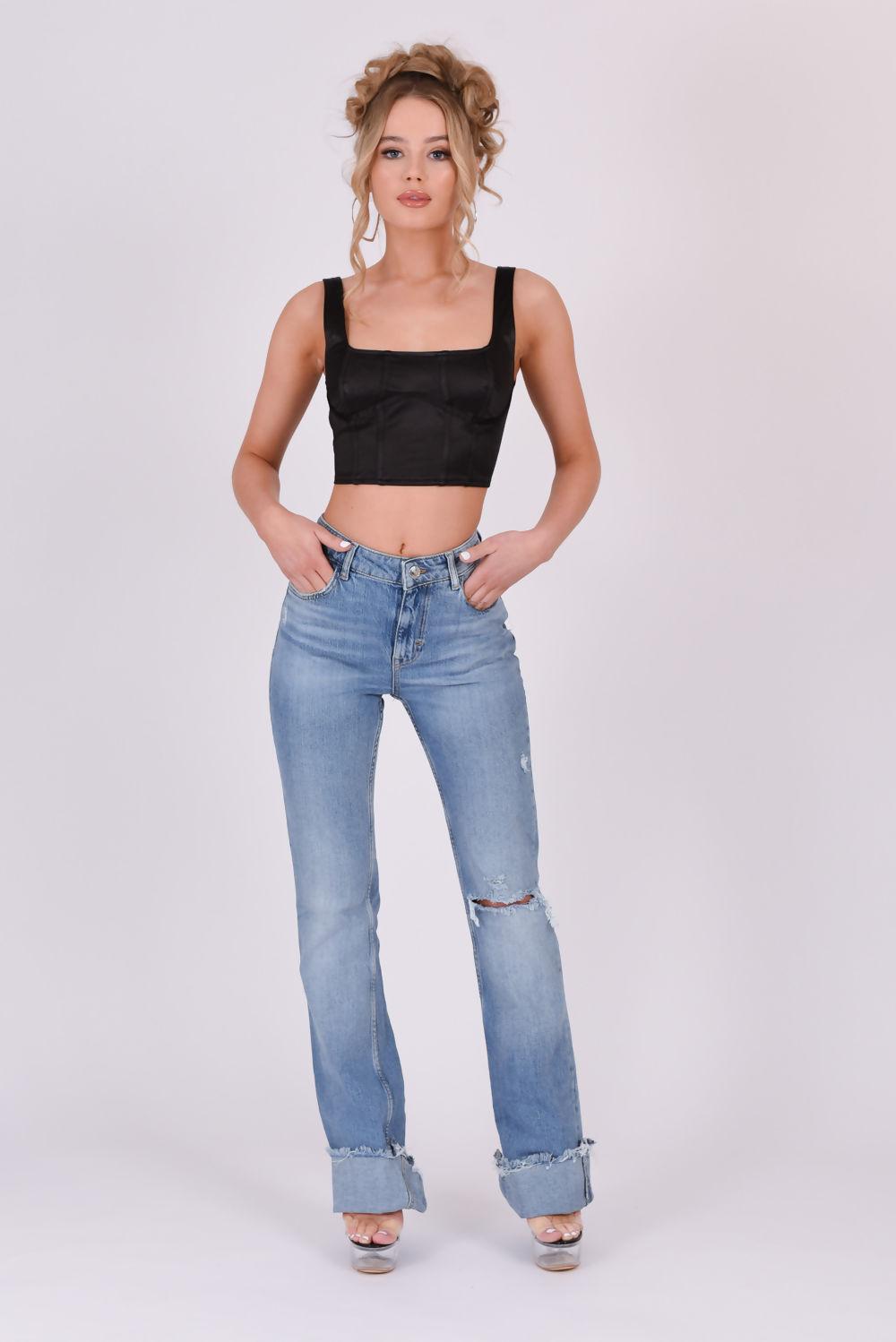 saint genies Robyn Black Satin Square Neckline Crop Top