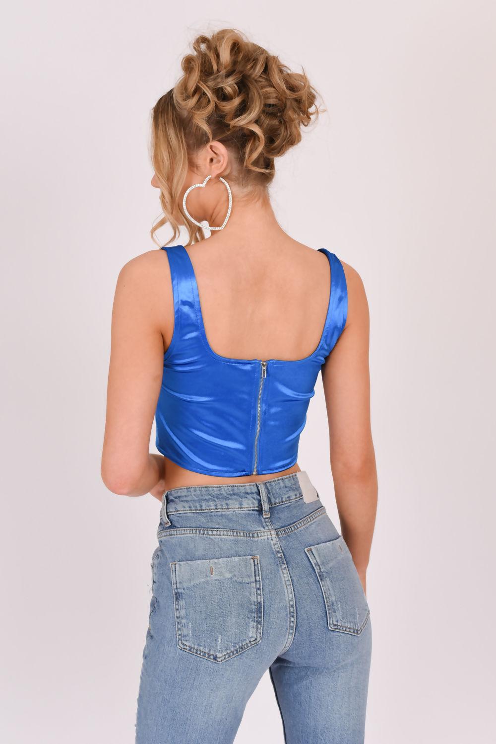 Saint Genies Robyn Cobalt Satin Square Neckline Crop Top