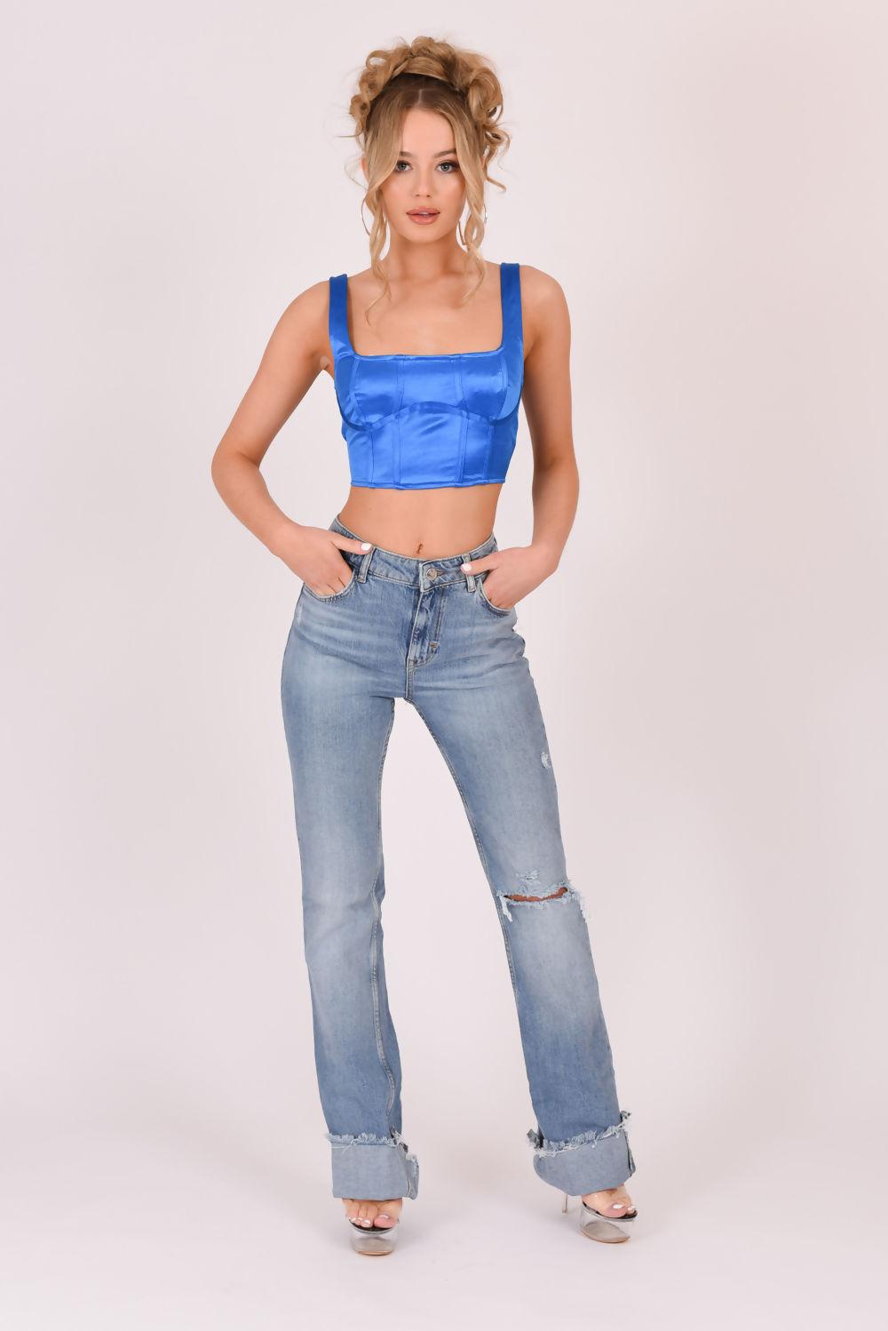 saint genies Robyn Cobalt Satin Square Neckline Crop Top