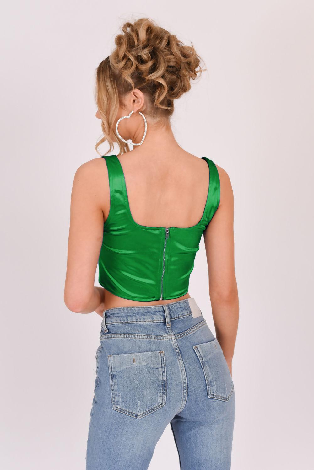 Saint Genies Robyn Green Satin Square Neckline Crop Top