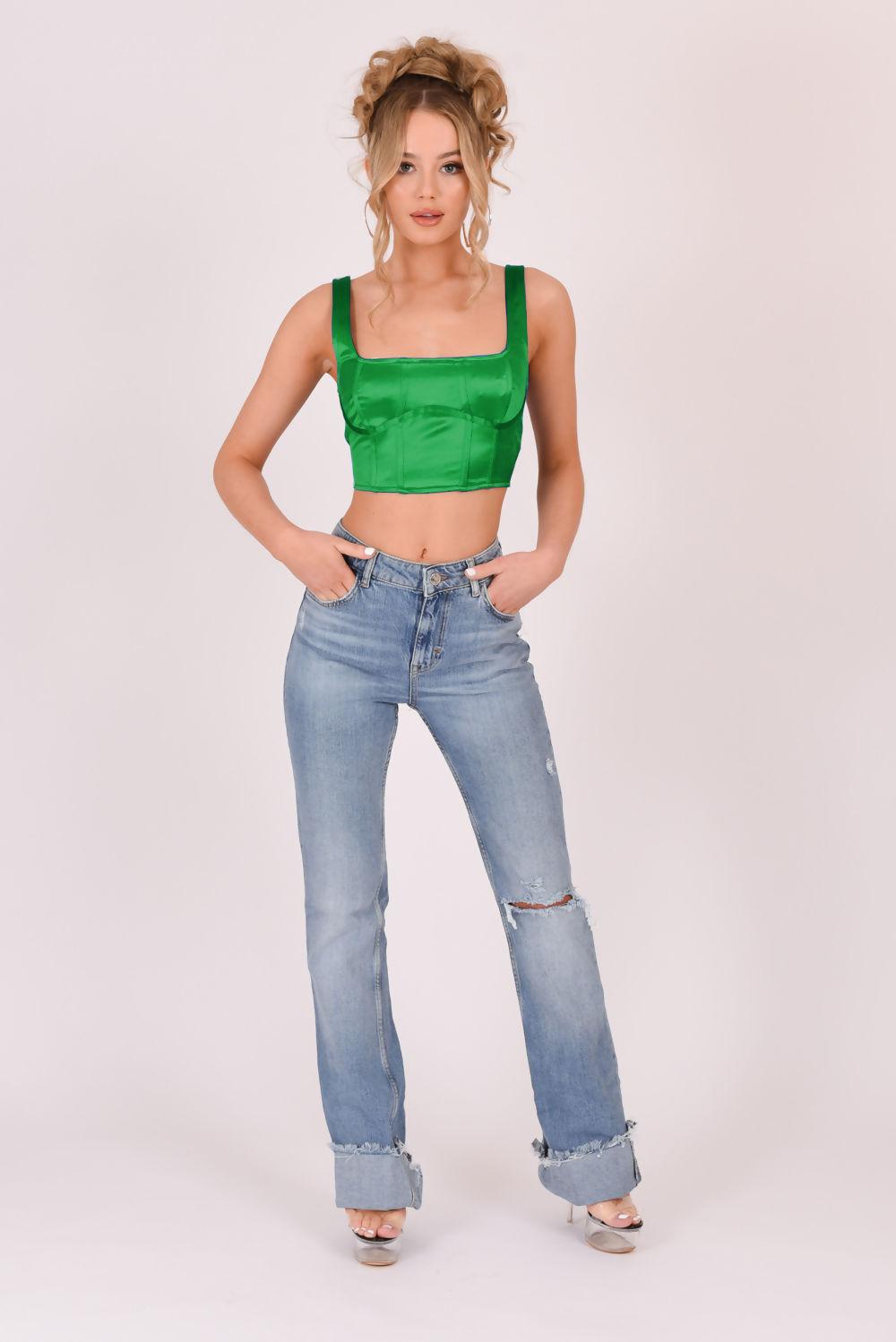saint genies Robyn Green Satin Square Neckline Crop Top