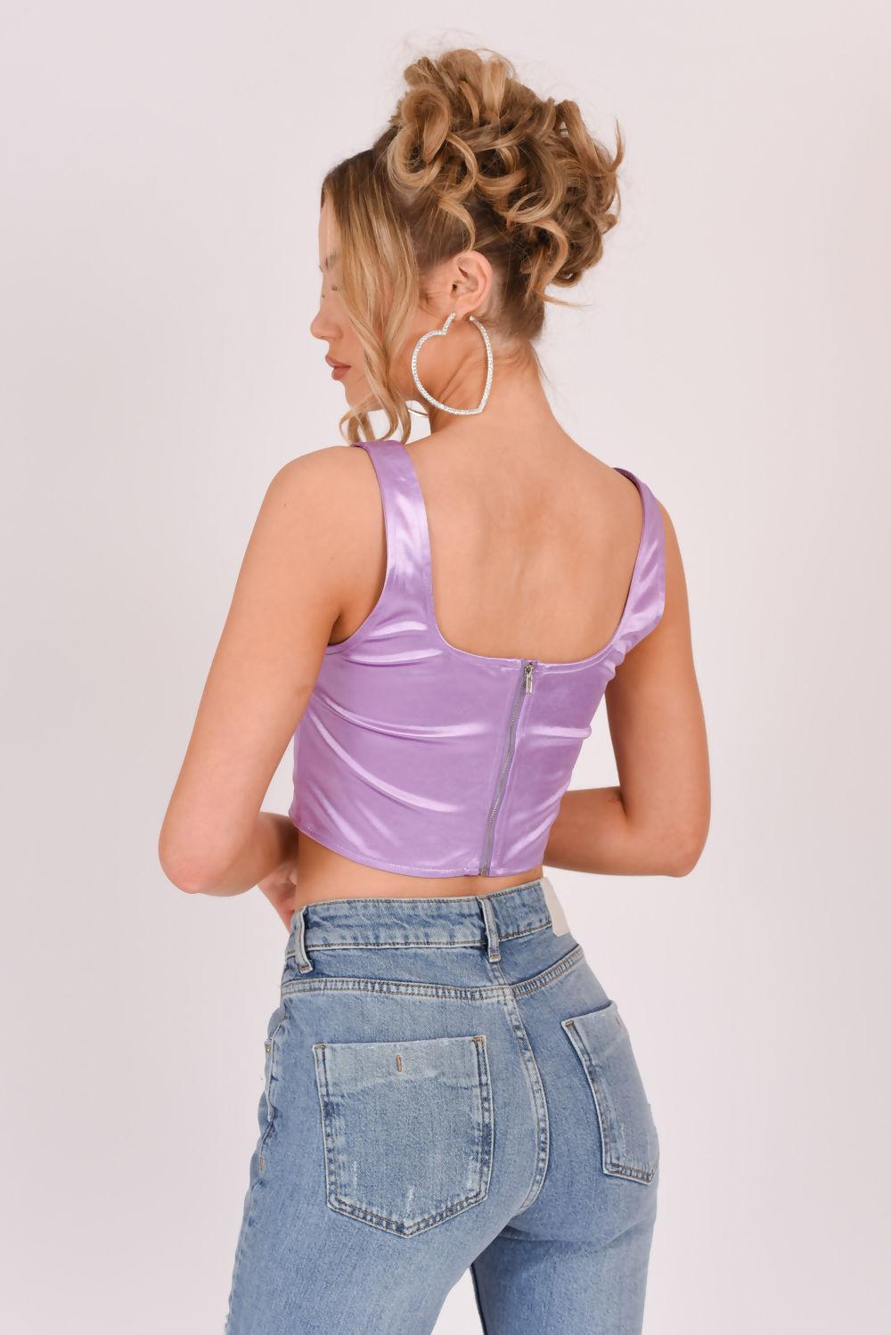 Saint Genies Robyn Lilac Satin Square Neckline Crop Top