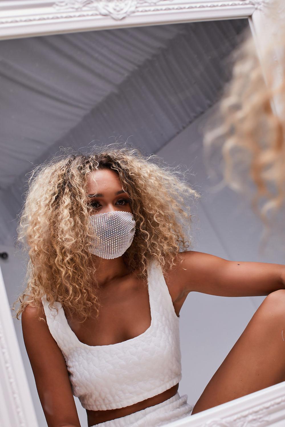 Saint Genies Rowina White Iridescent Diamante Unlined Fashion Face Mask