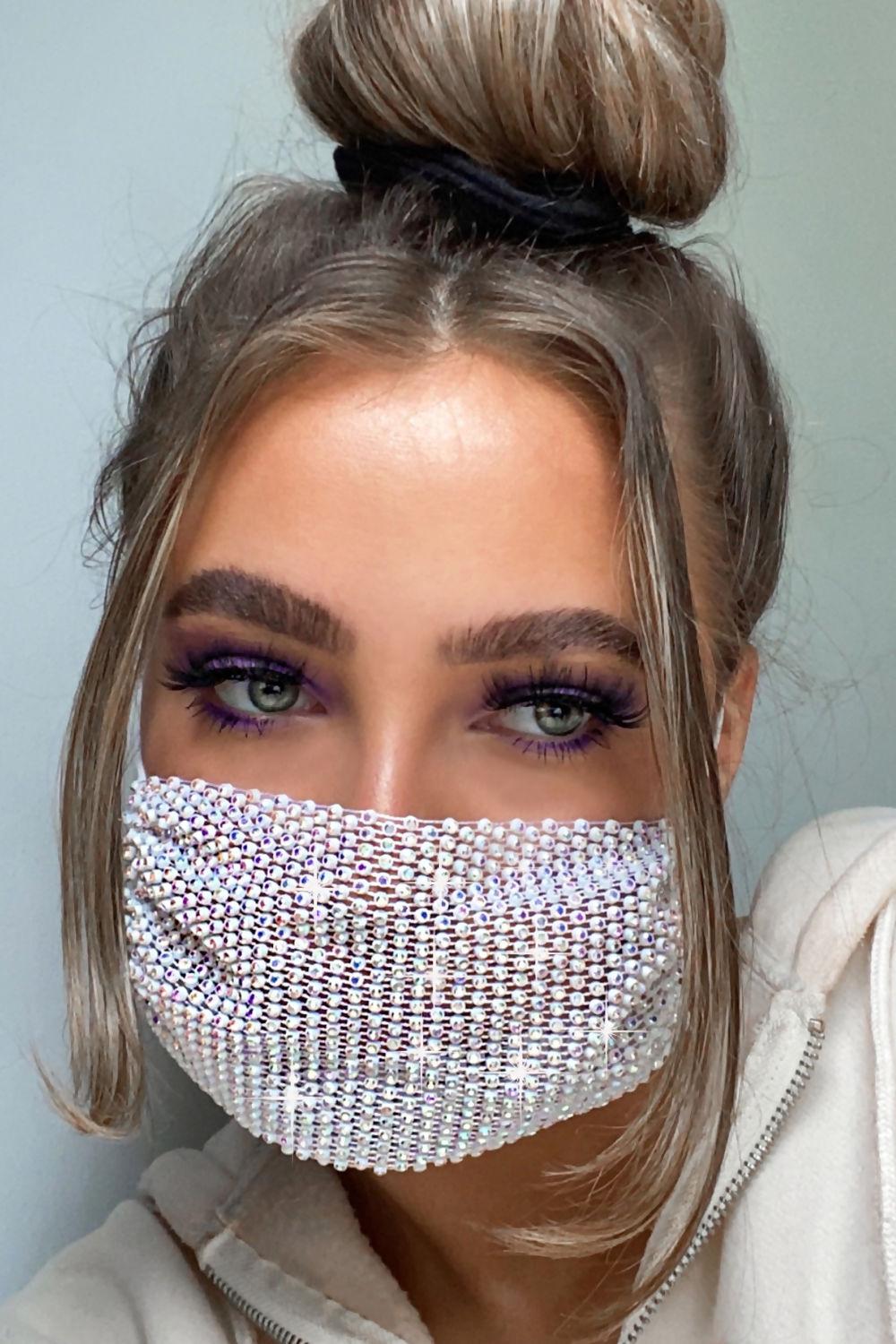 Saint Genies Rowina White Iridescent Diamante Unlined Fashion Face Mask