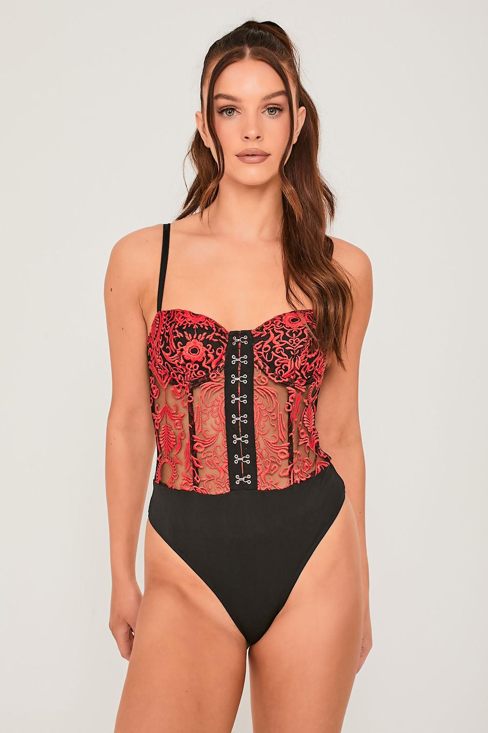 Saint Genies Sabine Red Embroidered Mesh Underwired Hook And Eye Bodysuit
