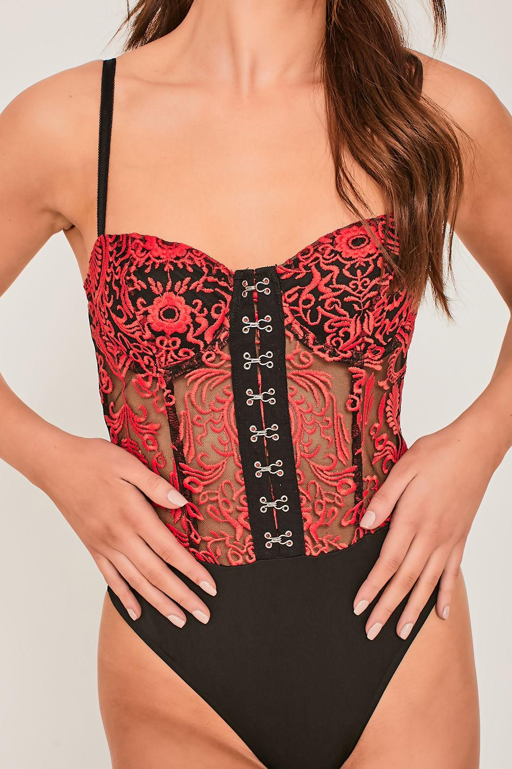 Saint Genies Sabine Red Embroidered Mesh Underwired Hook And Eye Bodysuit