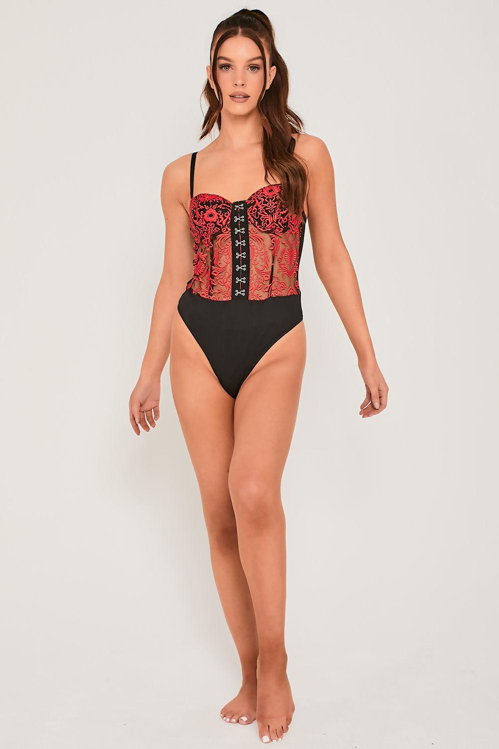 saint genies Sabine Red Embroidered Mesh Underwired Hook and Eye Bodysuit