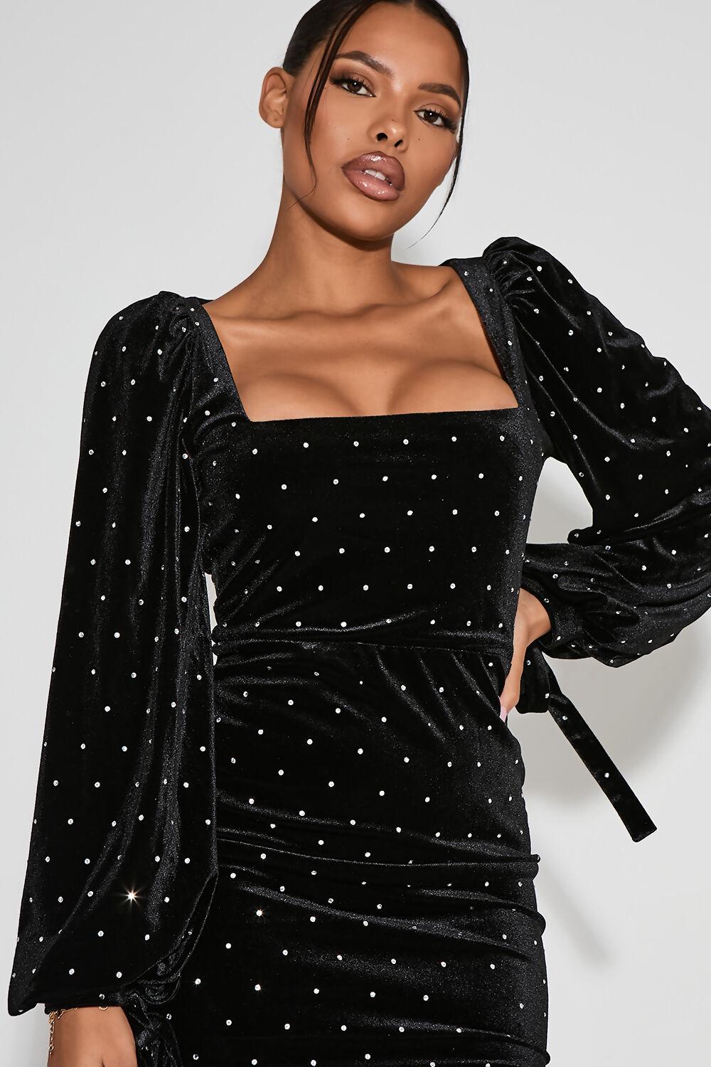 Saint Genies Saige Black Square Neckline Bell Sleeve Mini Dress