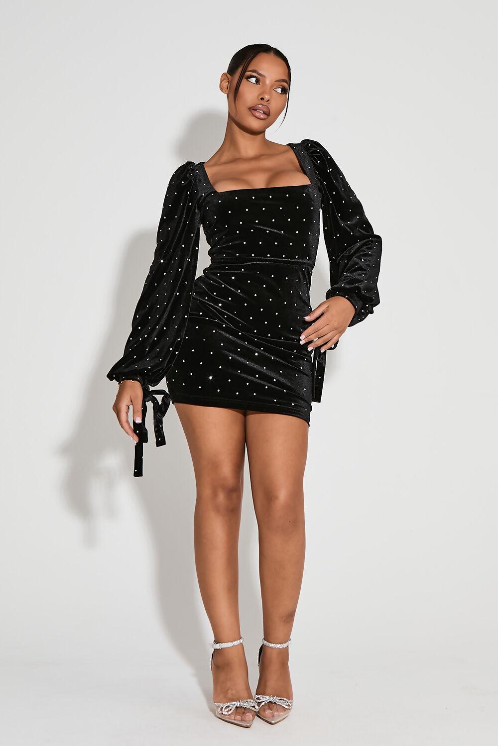 Saint Genies Saige Black Square Neckline Bell Sleeve Mini Dress