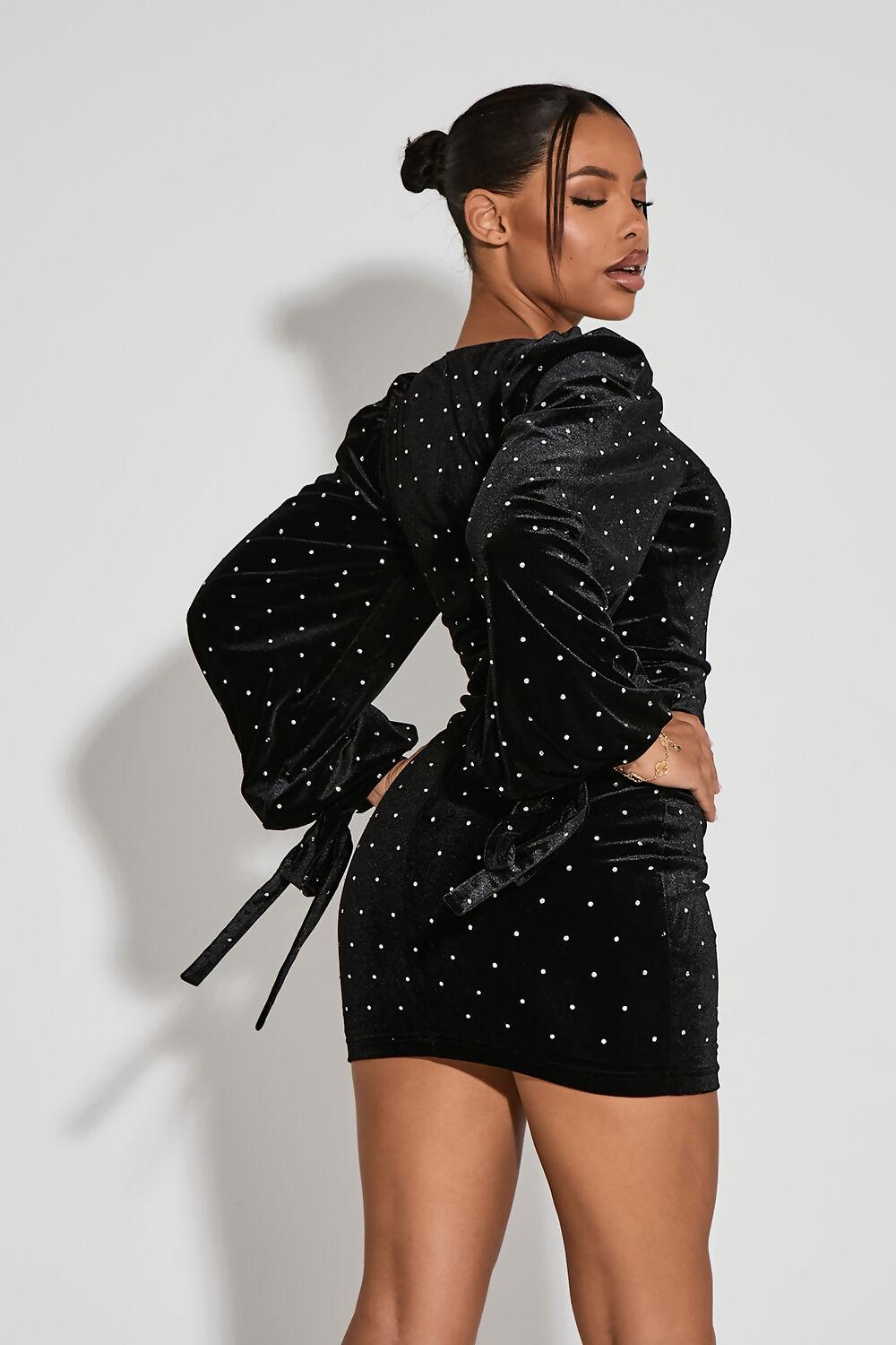 Saint Genies Saige Black Square Neckline Bell Sleeve Mini Dress