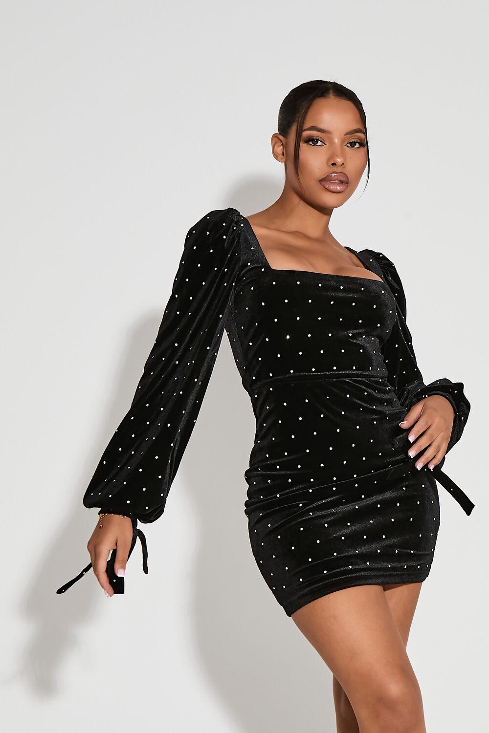 saint genies Saige Black Square Neckline Bell Sleeve Mini Dress